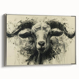 Framed wall art featuring a stylish goat design in silver tones, showcasing detailed textures and vibrant colors, perfect for modern interior decor.
