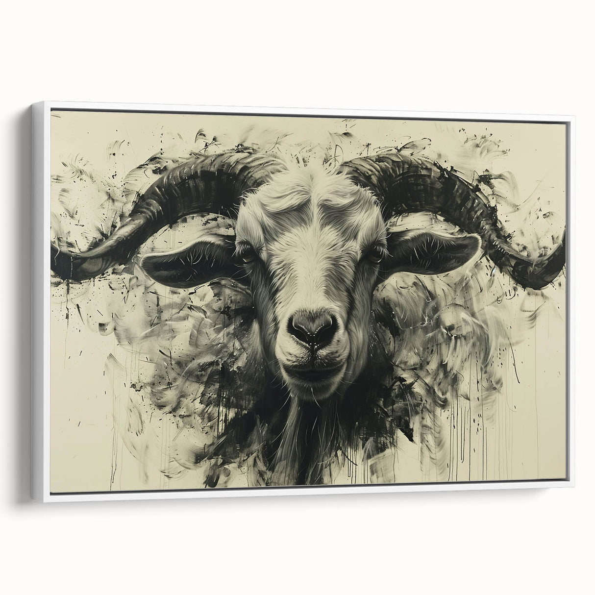 Framed wall art featuring a stylish goat design in a white frame, showcasing a modern aesthetic suitable for animal lovers and contemporary decor enthusiasts.