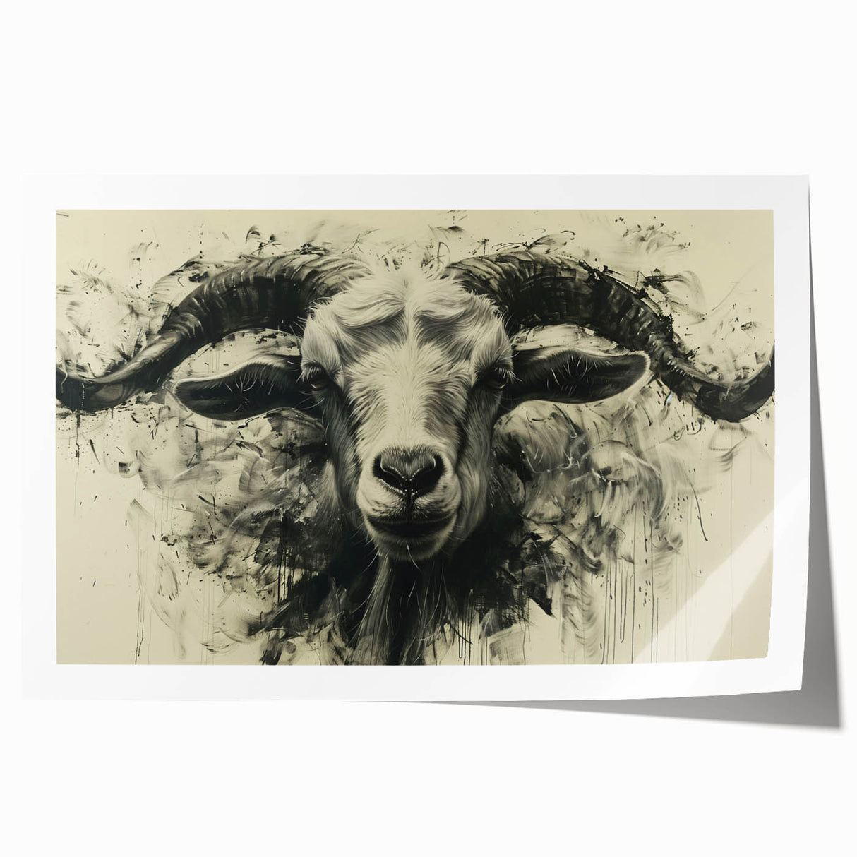 Colorful goat design wall art print showcasing vibrant patterns and textures, perfect for animal lovers and home decor enthusiasts, rolled for easy display.