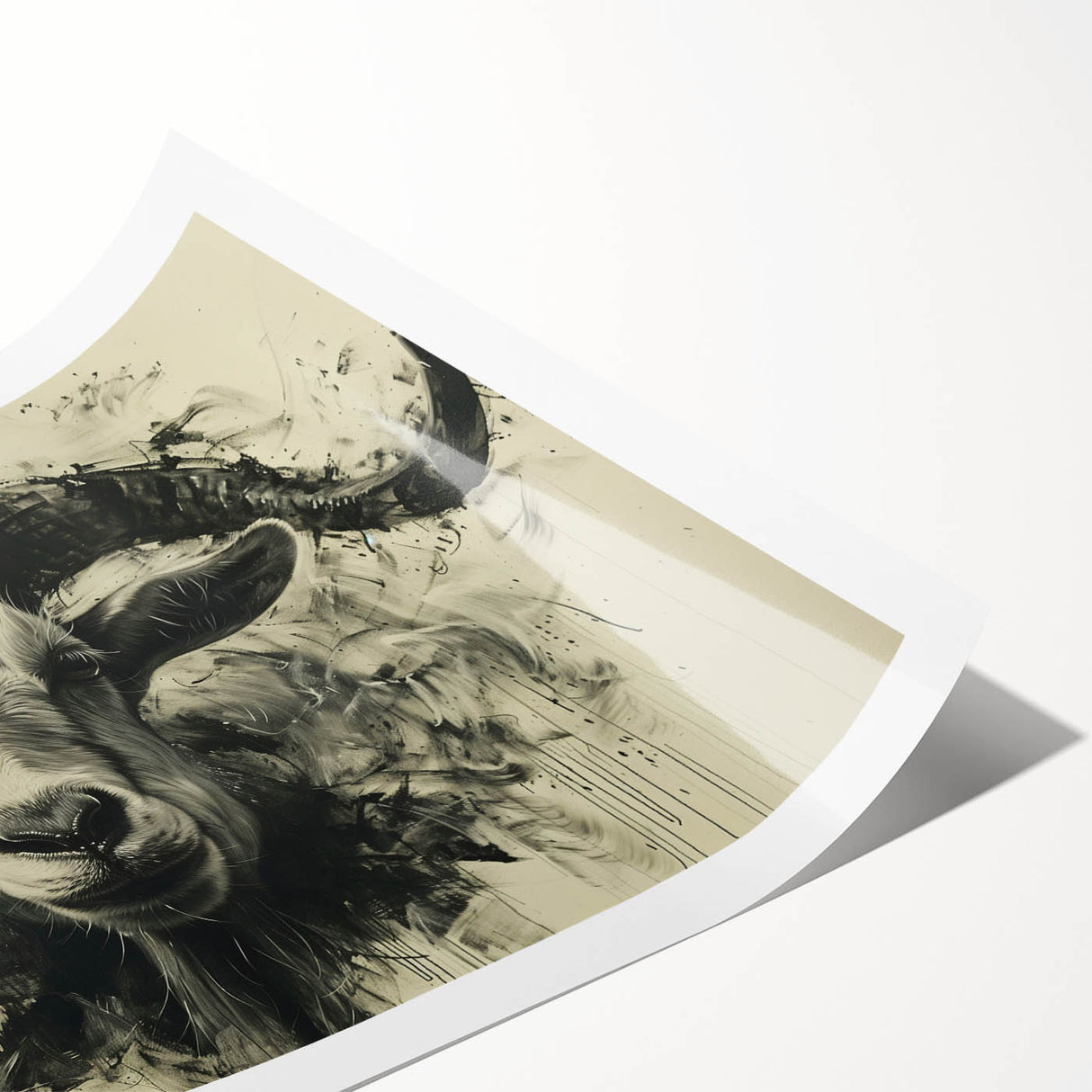 Artistic rolled print showcasing a vibrant goat design in a wild life theme, featuring intricate details and bold colors, perfect for animal lovers and home decor enthusiasts.