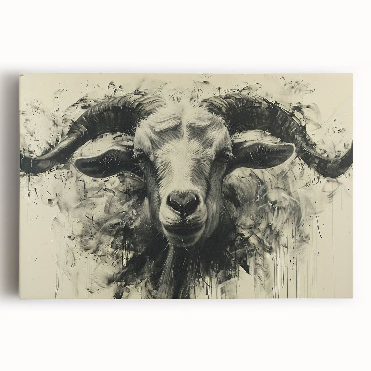Stretched canvas wall art featuring a vibrant goat design in a wild-life theme, showcasing detailed textures and earthy colors, perfect for animal lovers.