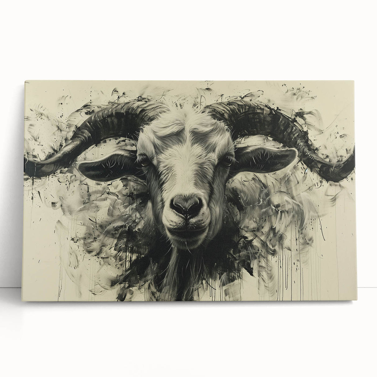 Stretched canvas wall art featuring a whimsical goat design, showcasing vibrant colors and intricate details, perfect for enhancing any home decor or animal-themed space.