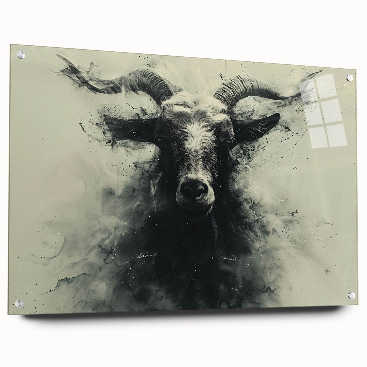 Acrylic wall art featuring a side view of a goat design, showcasing intricate details and vibrant colors, mounted with pins for a modern display. Ideal for wildlife enthusiasts and home decor.