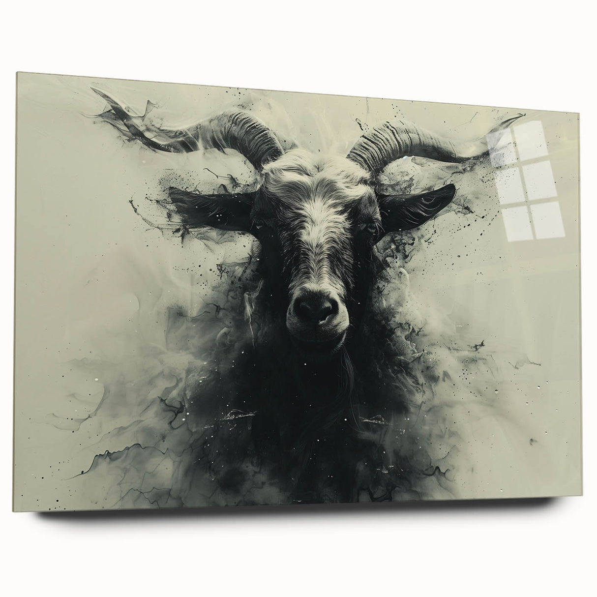 Side view of a modern acrylic wall art piece showcasing a whimsical goat design, perfect for animal lovers and home decor enthusiasts, displayed without pins against a neutral background.
