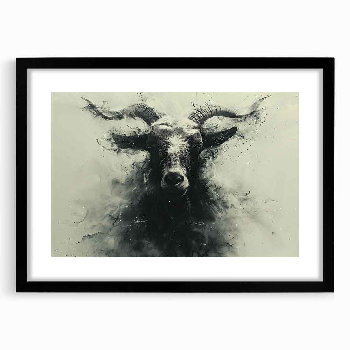 Framed wall art featuring a striking goat design in a modern style, presented in a sleek black frame with a mat, perfect for animal lovers and home decor enthusiasts.