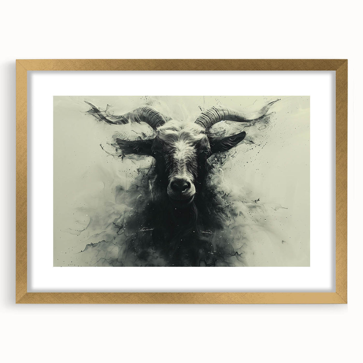 Framed wall art featuring a stylized goat design from the "Animals: A Wild Life" collection, with a gold matte finish, perfect for adding a touch of elegance to home decor.