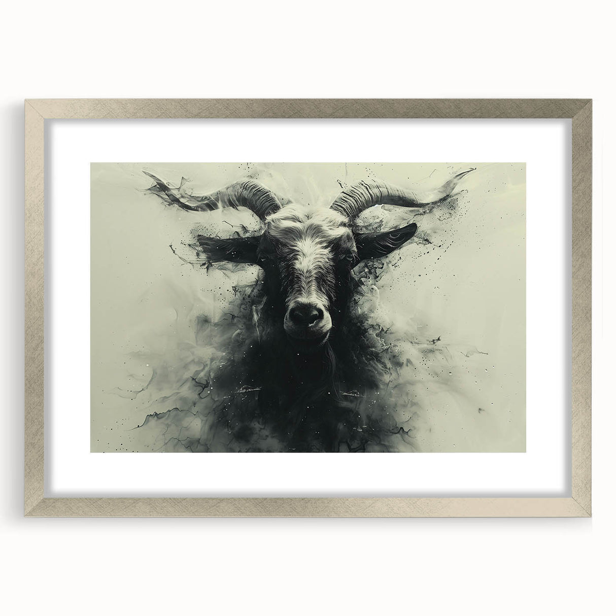 Framed silver wall art featuring a striking goat design from the Animals A Wild Life collection, perfect for adding a touch of nature-inspired decor to any room.