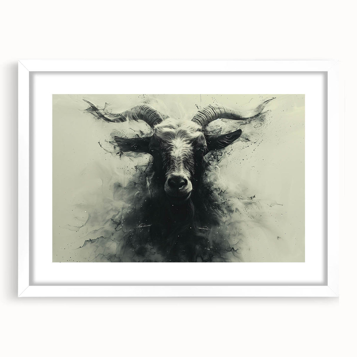 Framed wall art featuring a whimsical goat design from the "Animals - A Wild Life" collection, showcasing vibrant colors and a sleek white mat. Perfect for animal lovers and home decor enthusiasts.