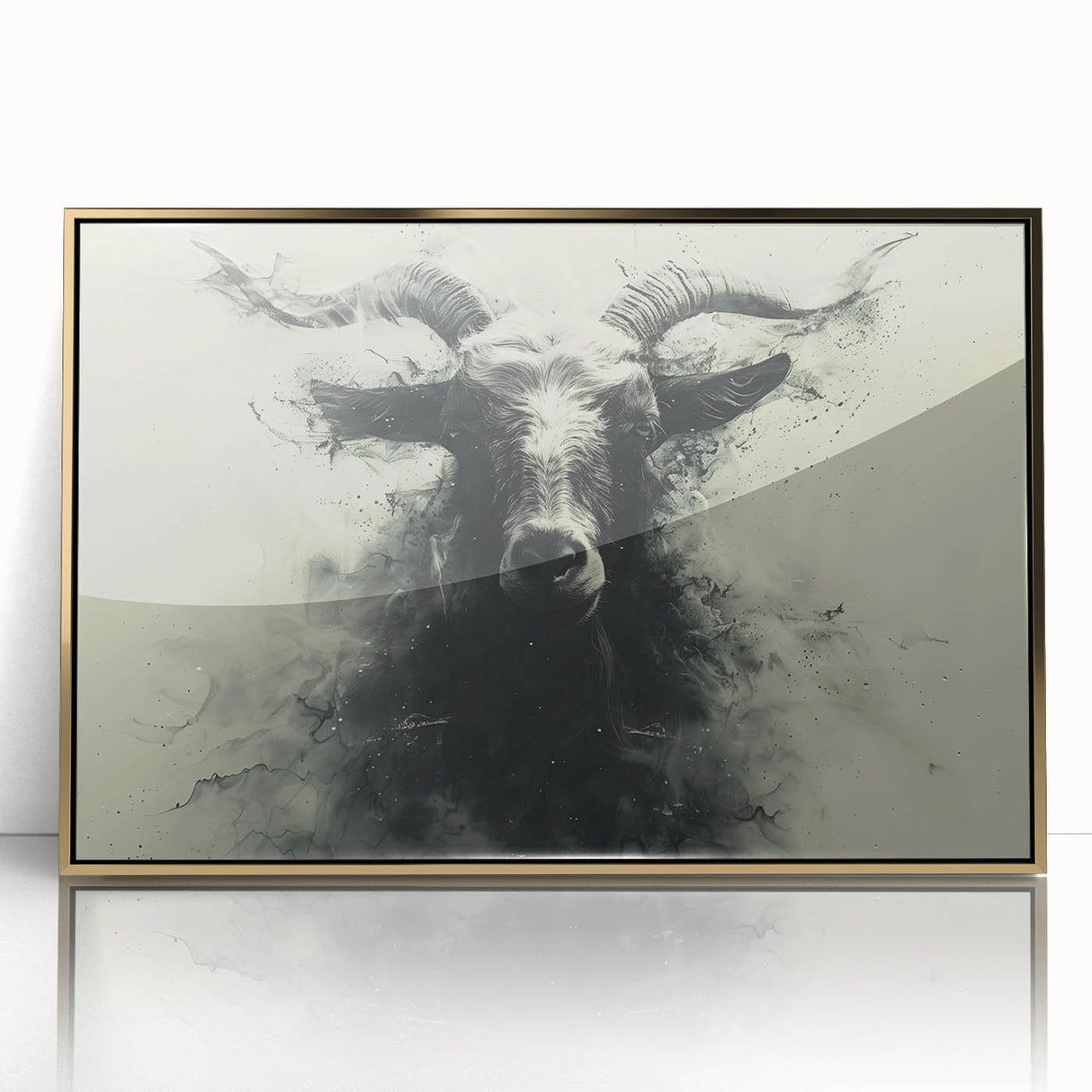 Framed wall art showcasing a striking goat design in acrylic with a gold frame, perfect for adding a touch of nature-inspired elegance to any decor.