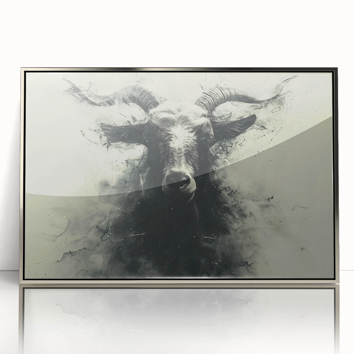 Framed wall art featuring a silver-accented design of a goat, showcasing intricate details and vibrant colors, perfect for wildlife enthusiasts and home decor.