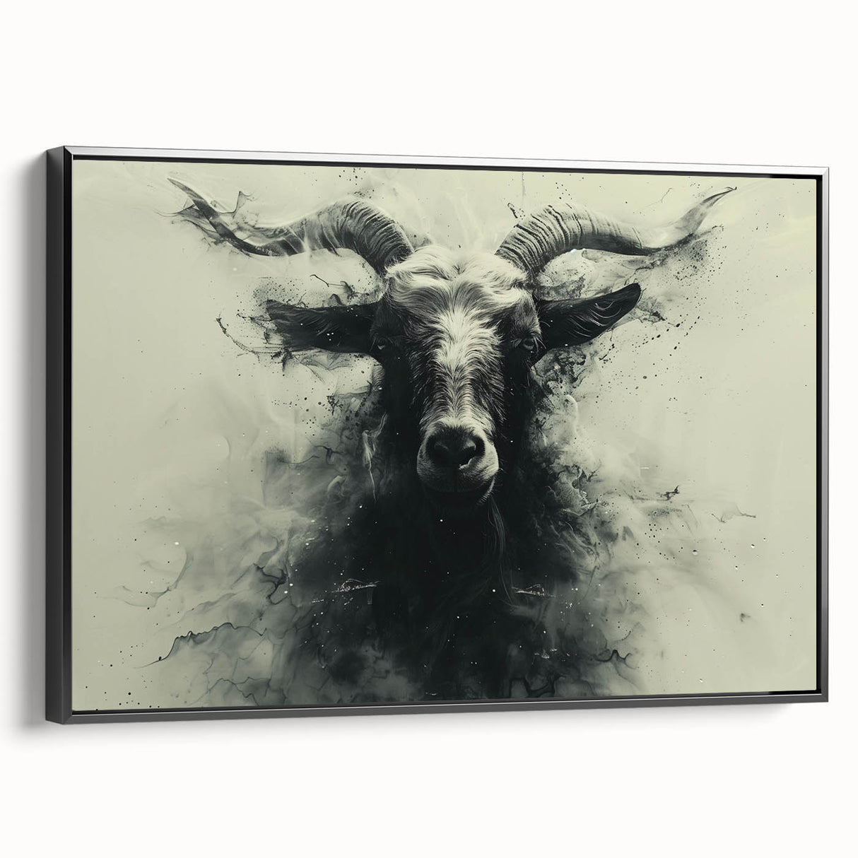 Framed canvas wall art featuring a stylized goat design against a black background, showcasing intricate details and artistic textures, perfect for modern decor.
