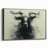 Framed canvas wall art featuring a stylized goat design against a black background, showcasing intricate details and artistic textures, perfect for modern decor.