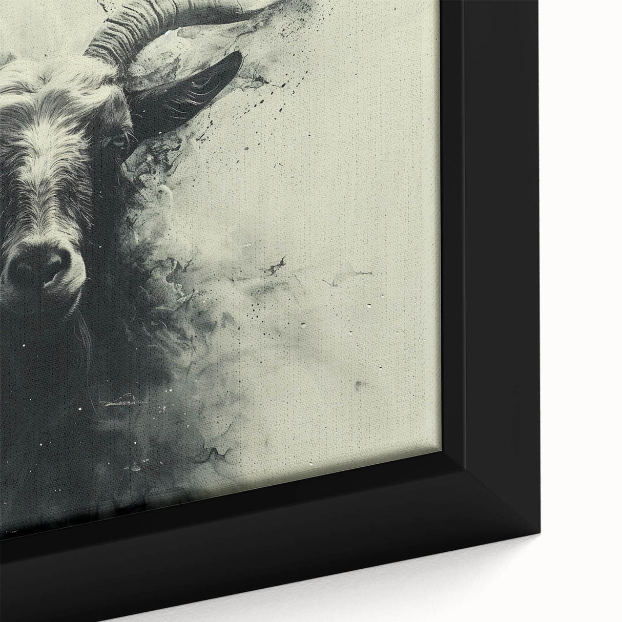 Close-up view of a framed canvas featuring a detailed goat design, showcasing vibrant colors and intricate textures, perfect for wildlife art enthusiasts.