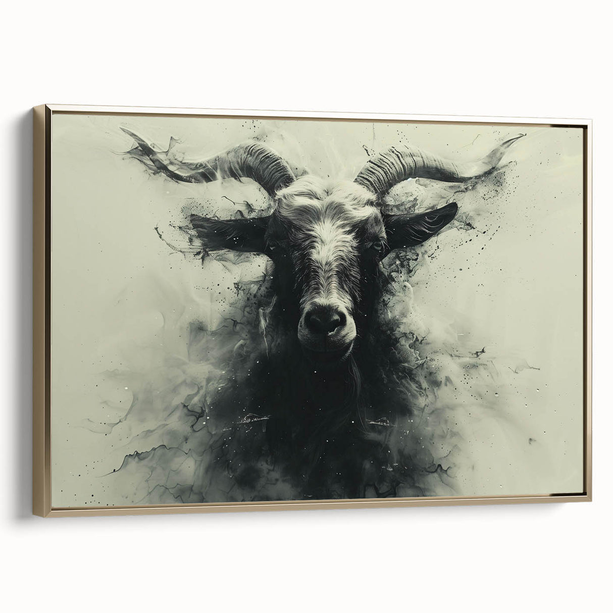 Framed canvas wall art showcasing a golden side view of a goat design, perfect for animal lovers and modern decor enthusiasts, enhancing any living space's aesthetic.