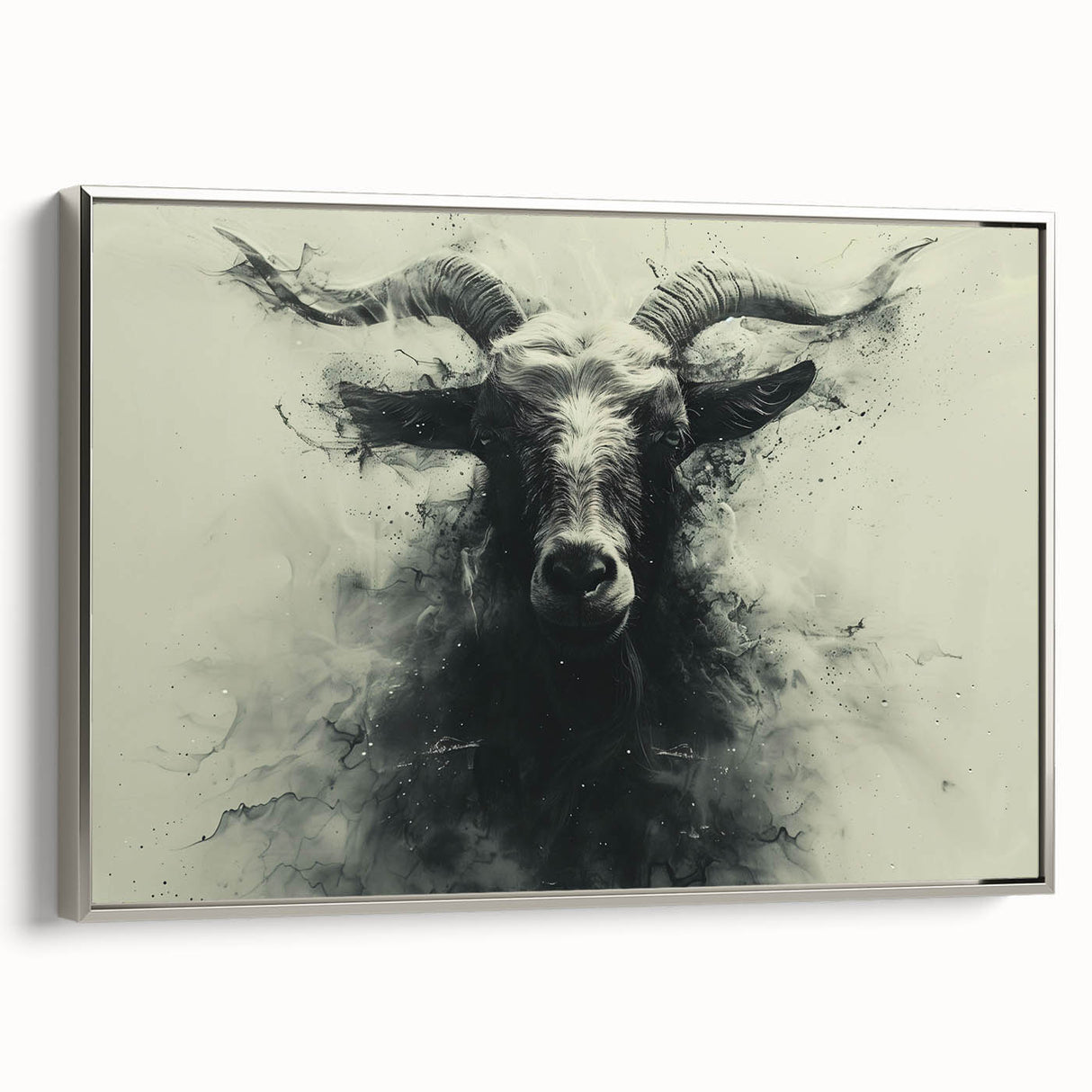 Framed wall art featuring a silver-bordered goat design, showcasing intricate details and vibrant colors, perfect for enhancing modern interior decor in living spaces.