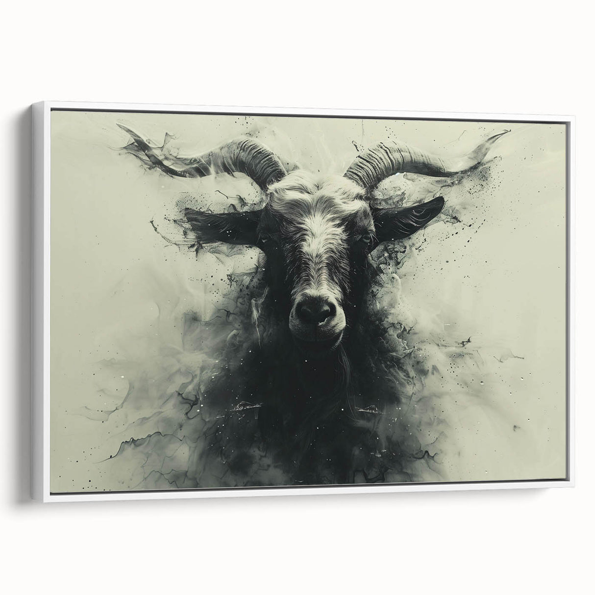 Framed wall art showcasing a white goat design with intricate details, set against a minimalist background, perfect for animal lovers and modern decor enthusiasts.
