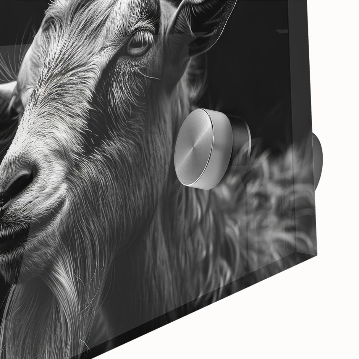 Close-up of a vibrant goat design wall art piece, showcasing intricate details and bold colors, printed on acrylic glass for a modern artistic touch. Perfect for animal-themed decor enthusiasts looking to enhance their living space.