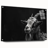 Acrylic glass wall art featuring a vibrant goat design from the "Animals: A Wild Life" collection, displayed in a side view with decorative pins for hanging. This piece adds a colorful touch to any space while celebrating wildlife artistry.