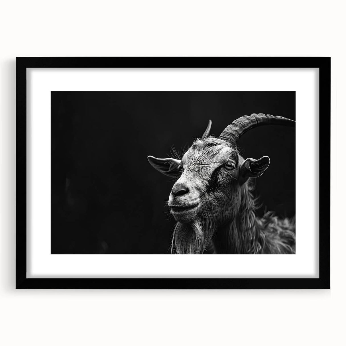 Framed wall art featuring a striking goat design from the "Animals – A Wild Life" collection, showcased with a black mat for a modern aesthetic. Ideal for nature lovers and home decor enthusiasts.