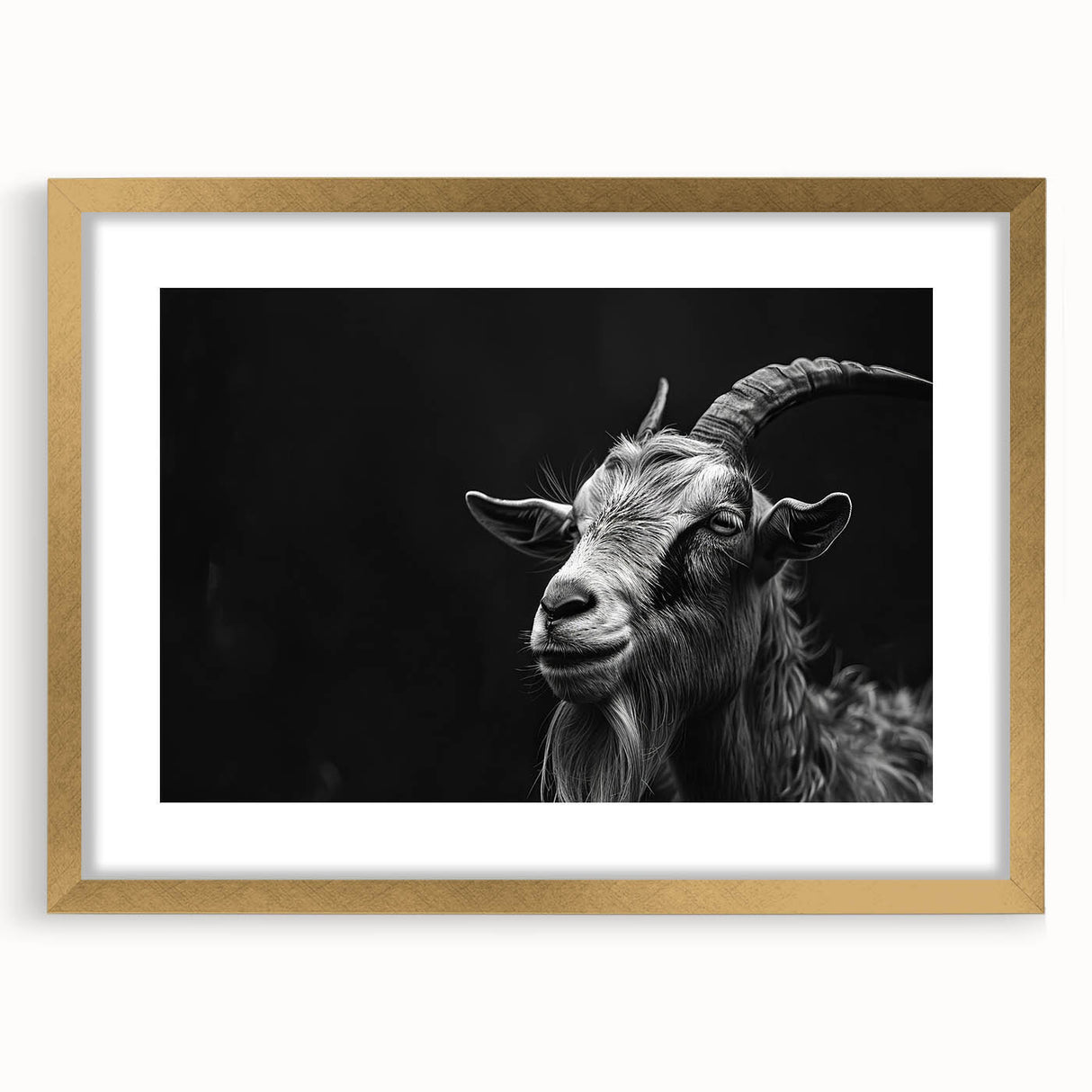 Gold-framed wall art featuring a stylized goat design, part of a wildlife collection, showcasing intricate details and vibrant colors, perfect for home decor.