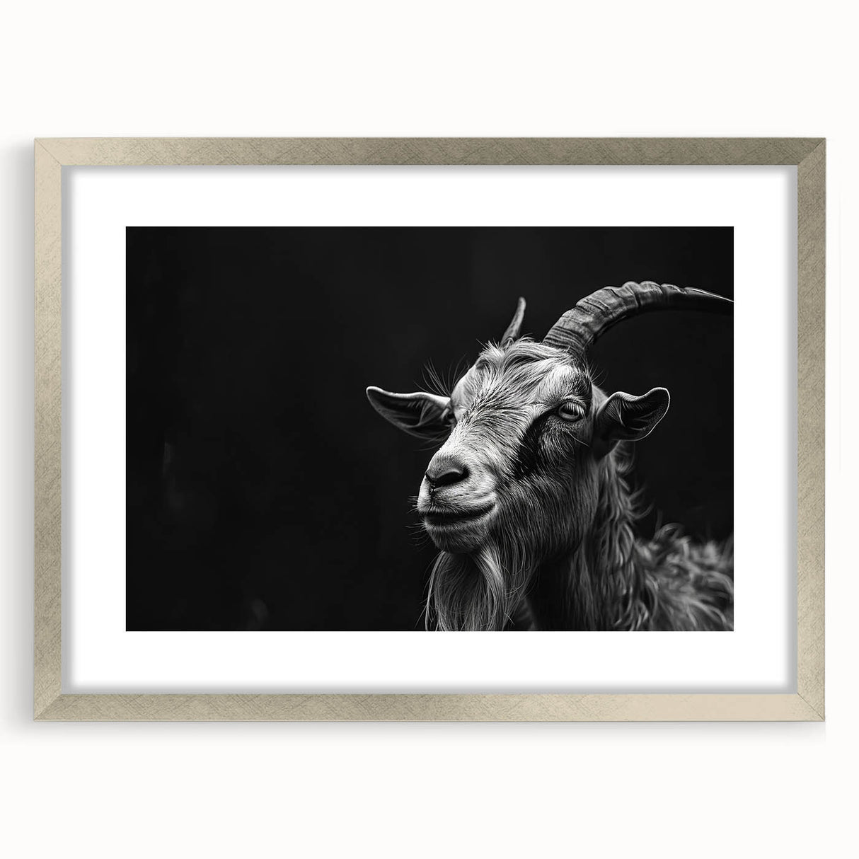Framed wall art featuring a detailed illustration of a goat, showcasing intricate designs in a silver frame with a mat, perfect for wildlife-themed decor.