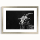 Framed wall art featuring a detailed illustration of a goat, showcasing intricate designs in a silver frame with a mat, perfect for wildlife-themed decor.