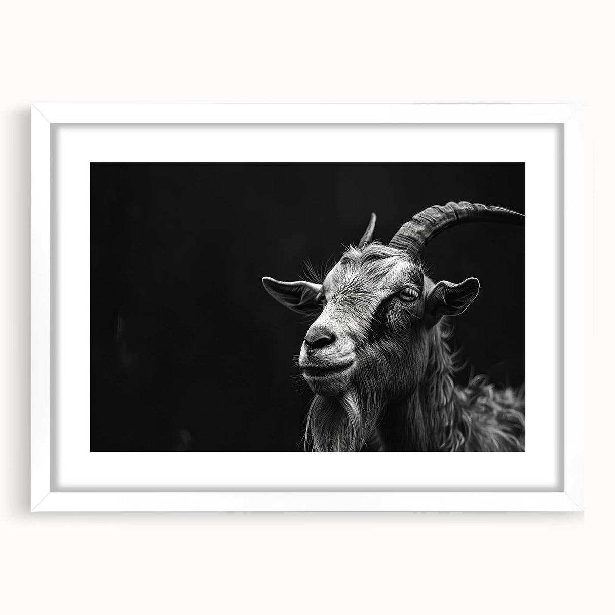 Framed wall art featuring a whimsical goat design from the "Animals: A Wild Life" collection, displayed in a white frame with a mat, ideal for home decor.