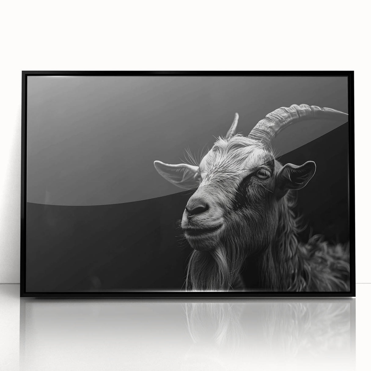 Framed acrylic wall art showcasing a striking goat design, set against a black background, perfect for animal lovers and modern home decor enthusiasts.