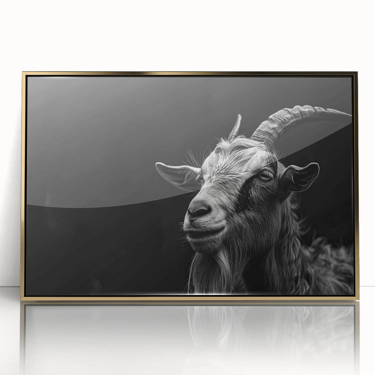 Framed wall art featuring a striking gold-accented goat design, showcasing intricate details and vibrant colors, perfect for animal lovers and modern decor enthusiasts.