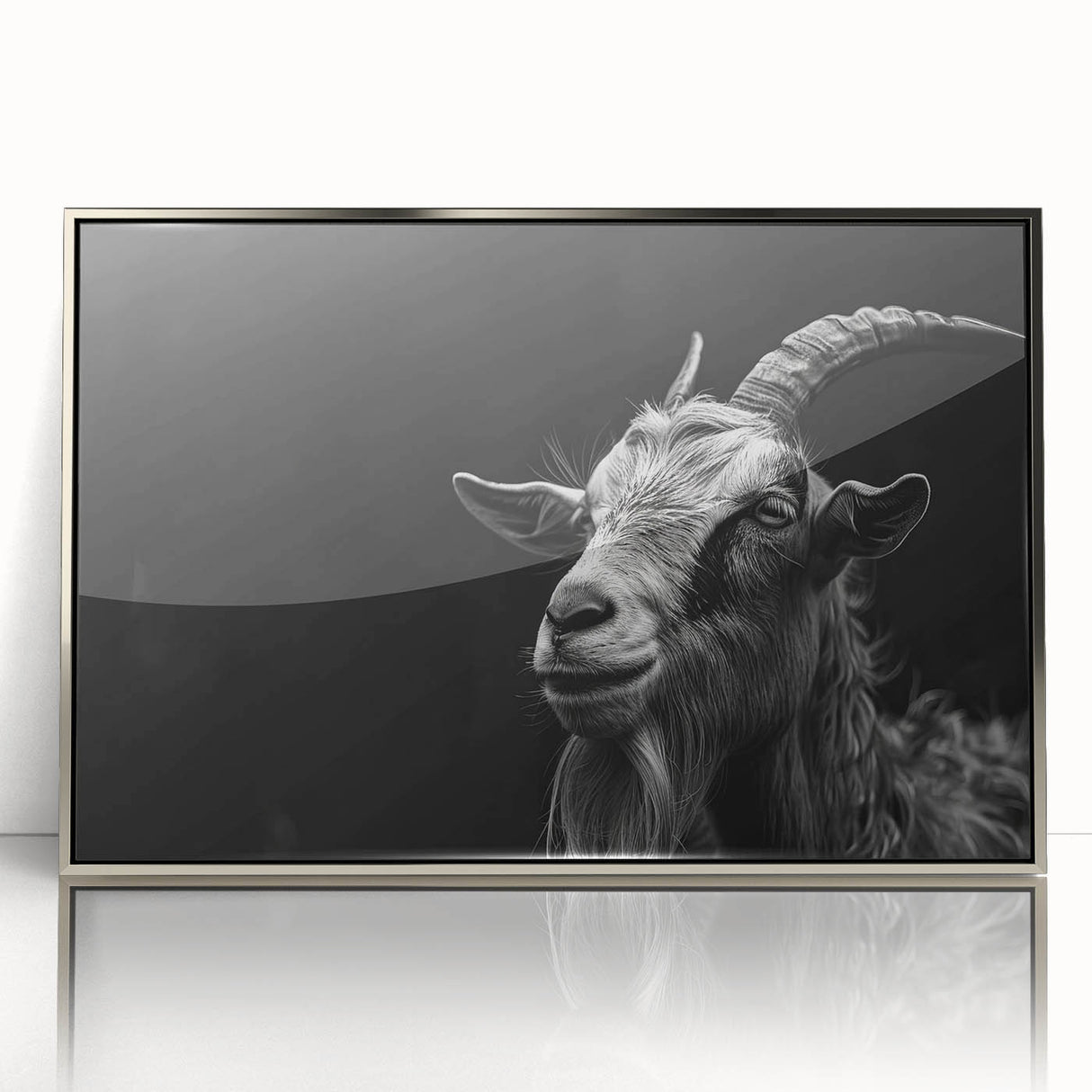 Framed wall art featuring a captivating goat design in a silver frame, showcasing vibrant colors and intricate details, perfect for animal lovers and modern decor.