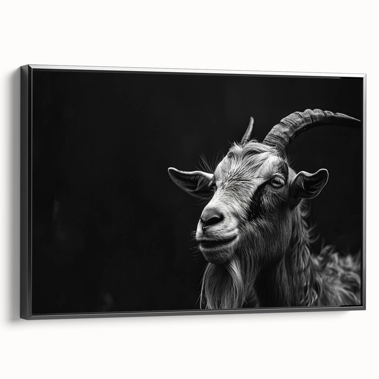 Framed wall art featuring a geometric goat design in a black color scheme, showcasing a modern aesthetic ideal for animal lovers and contemporary decor.