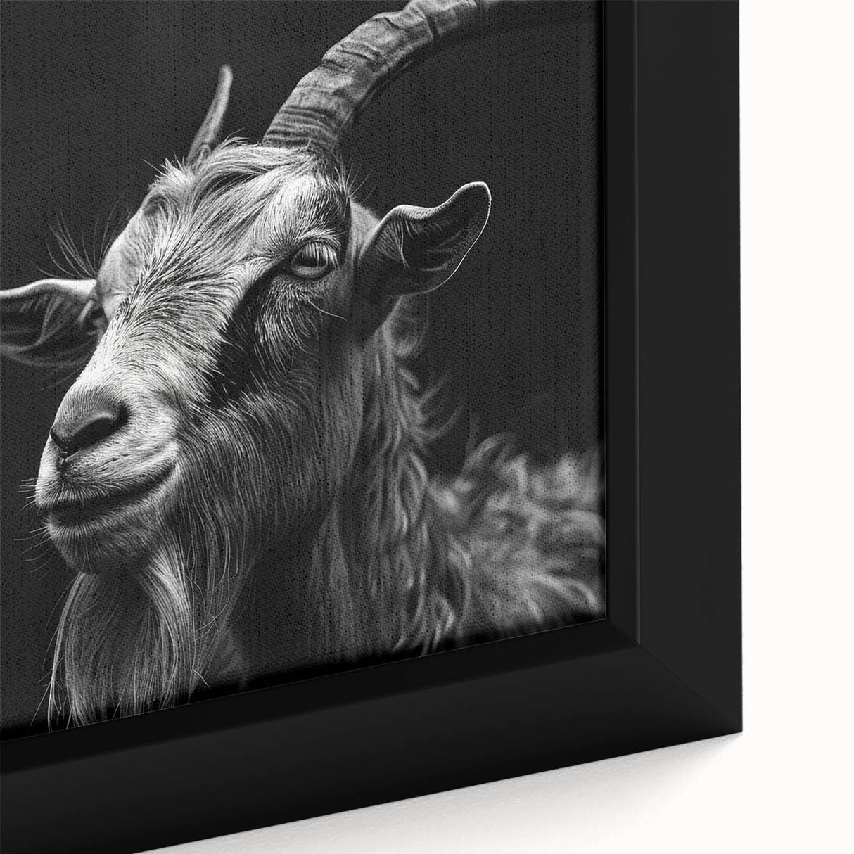 Close-up of a framed canvas wall art featuring a striking goat design, showcasing intricate details and vibrant colors, perfect for wildlife enthusiasts and home decor.