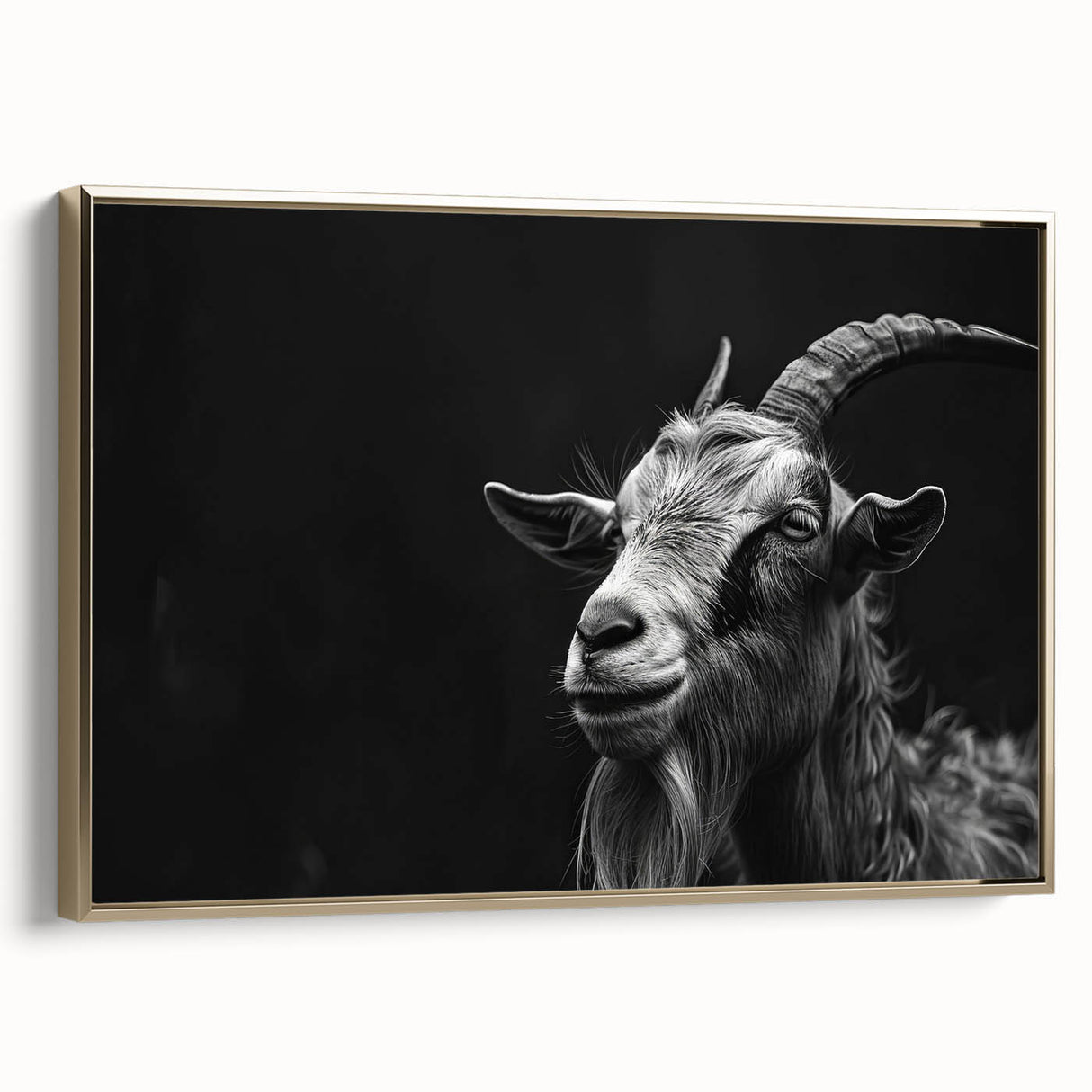 Framed canvas wall art featuring a majestic goat design with intricate details, set against a gold background, perfect for animal lovers and home decor enthusiasts.