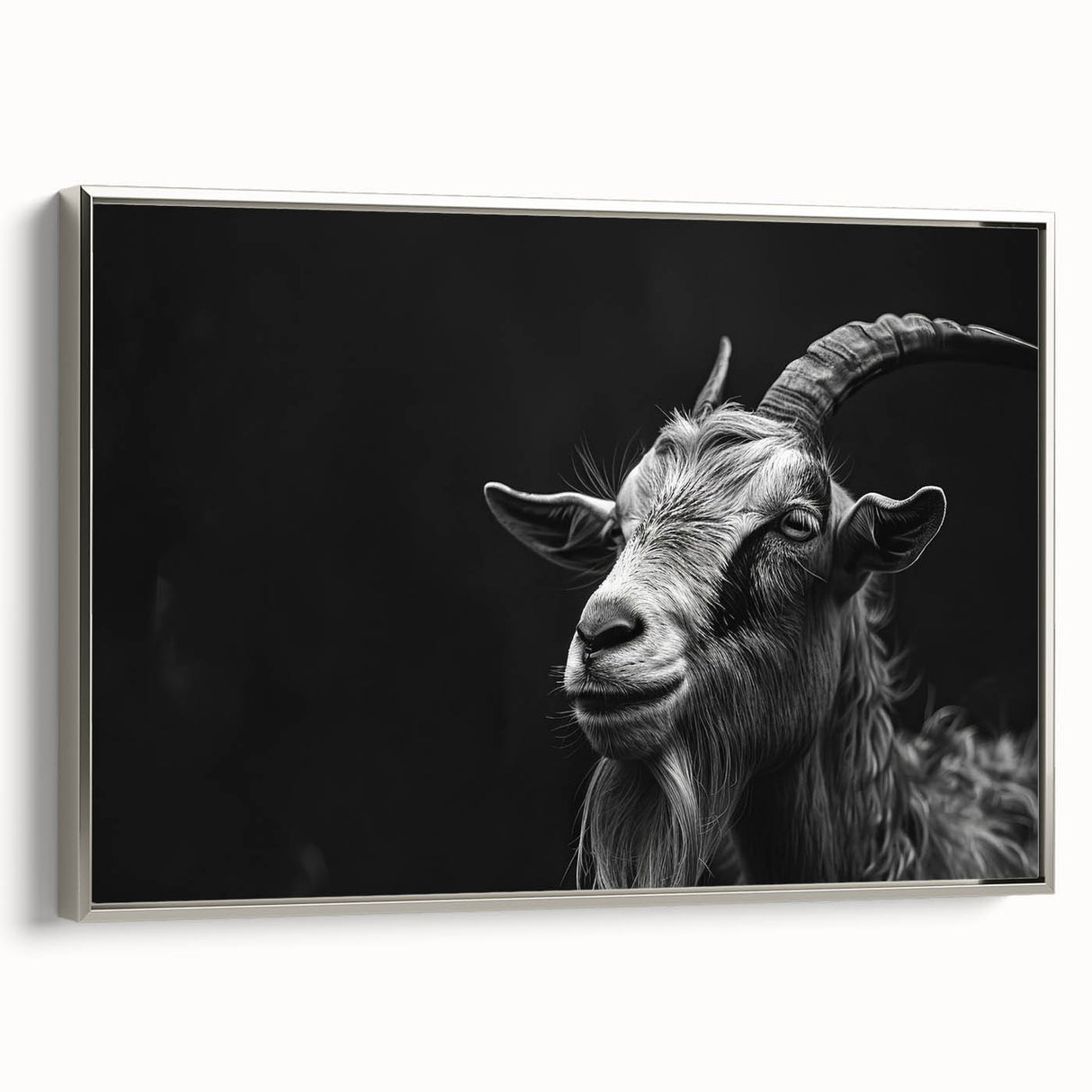 Framed wall art showcasing a silver side view of a goat design, part of the "Animals: A Wild Life" collection, perfect for modern decor enthusiasts.