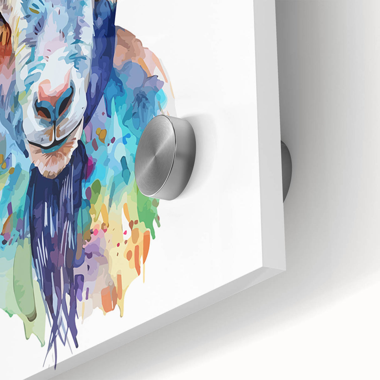 Close-up of vibrant goat wall art showcasing intricate details and bold colors, designed for wildlife enthusiasts, perfect for home decor or art collection.