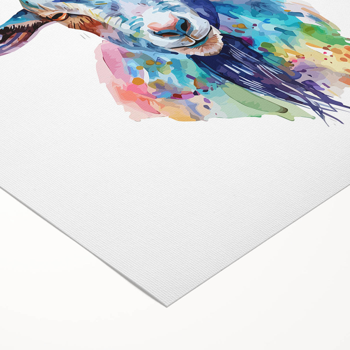 Colorful rolled canvas wall art depicting a stylized goat design, part of a wildlife collection, showcasing vibrant hues on a textured surface, ideal for home decor.