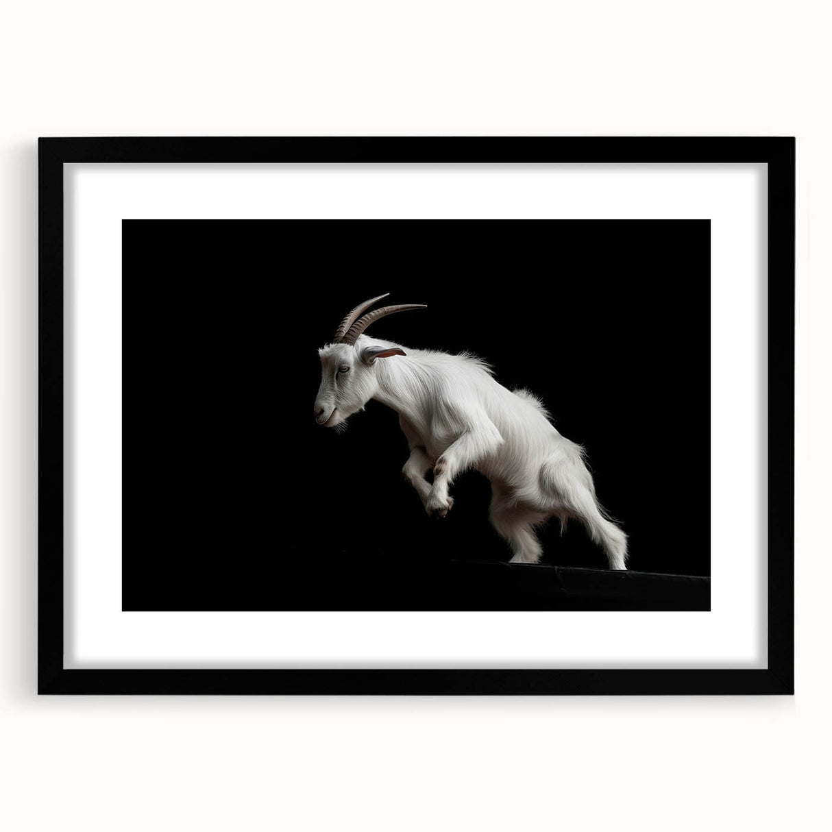 Framed wall art featuring a stylish black and white goat design from the "Animals: A Wild Life" collection, showcasing intricate details and modern aesthetics. Perfect for animal lovers and contemporary decor enthusiasts.