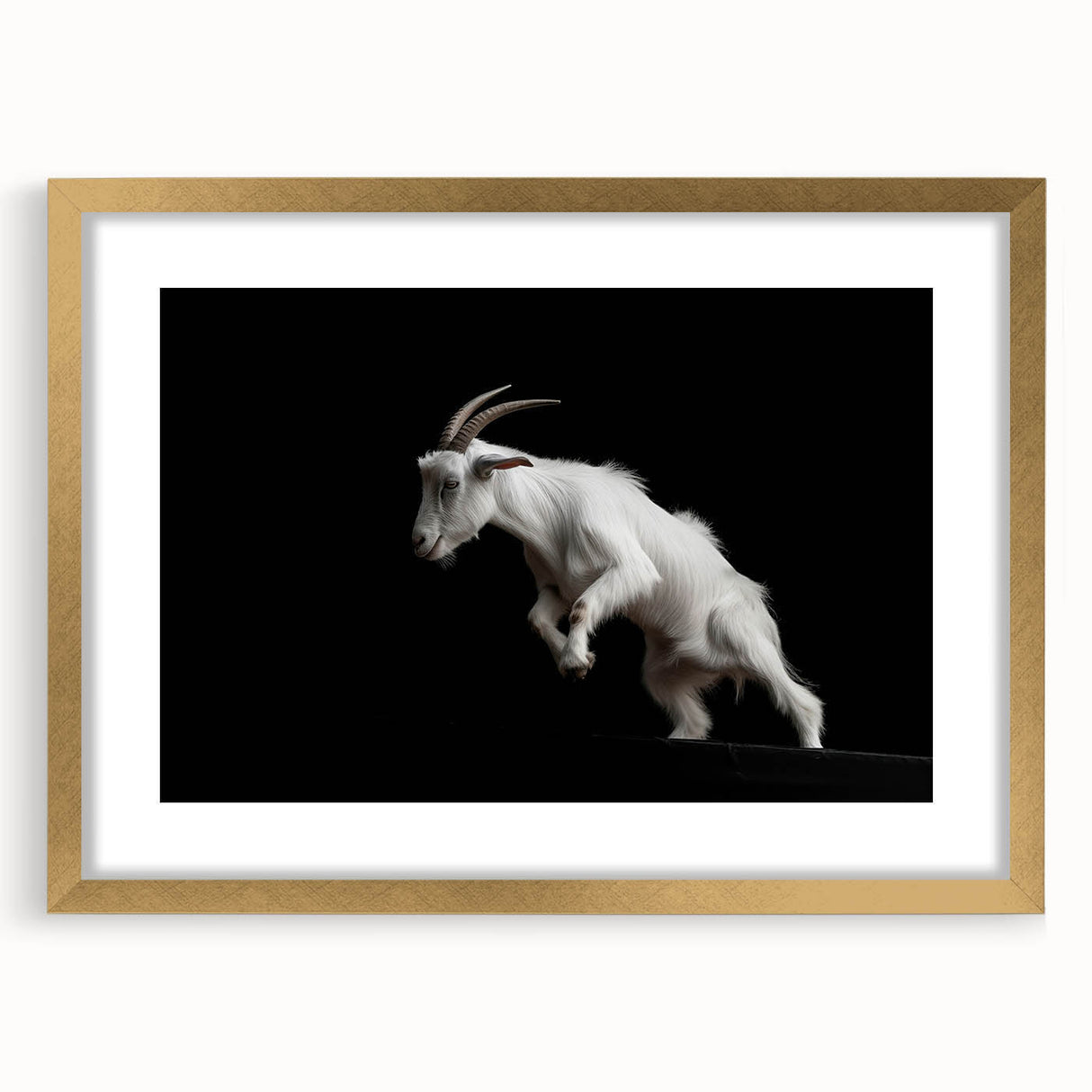 Framed wall art featuring a stylish goat design from the "Animals of the Wild" collection, with a gold mat and elegant frame, perfect for modern home decor.