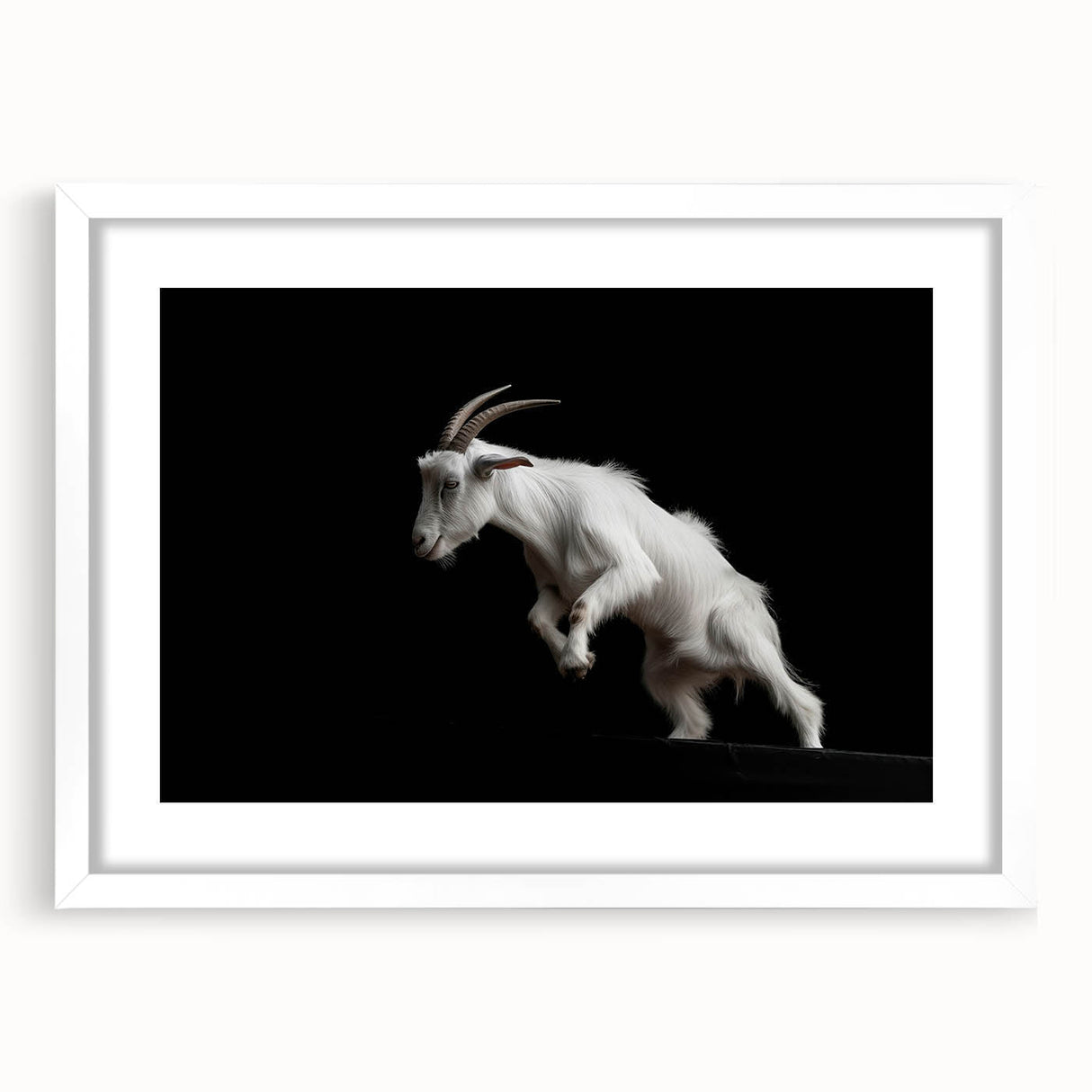 White-framed wall art featuring a stylized goat design from the "Animals - A Wild Life" collection, perfect for adding a touch of nature-themed decor to any room.