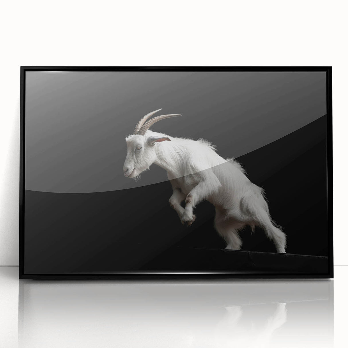 Framed wall art featuring a striking goat design in a contemporary black frame, showcasing intricate details and vibrant colors, perfect for animal lovers and modern decor enthusiasts.