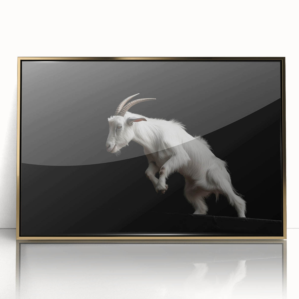 Framed acrylic wall art featuring a striking gold-accented goat design against a vibrant backdrop, perfect for animal lovers and modern decor enthusiasts.