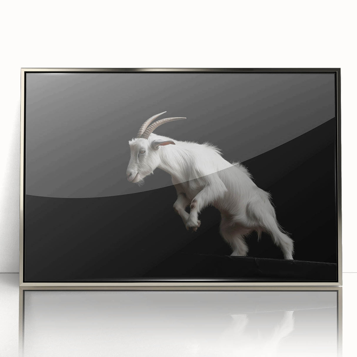 Framed wall art featuring a striking silver-accented goat design, showcasing intricate details and vibrant colors, perfect for animal lovers and modern decor enthusiasts.