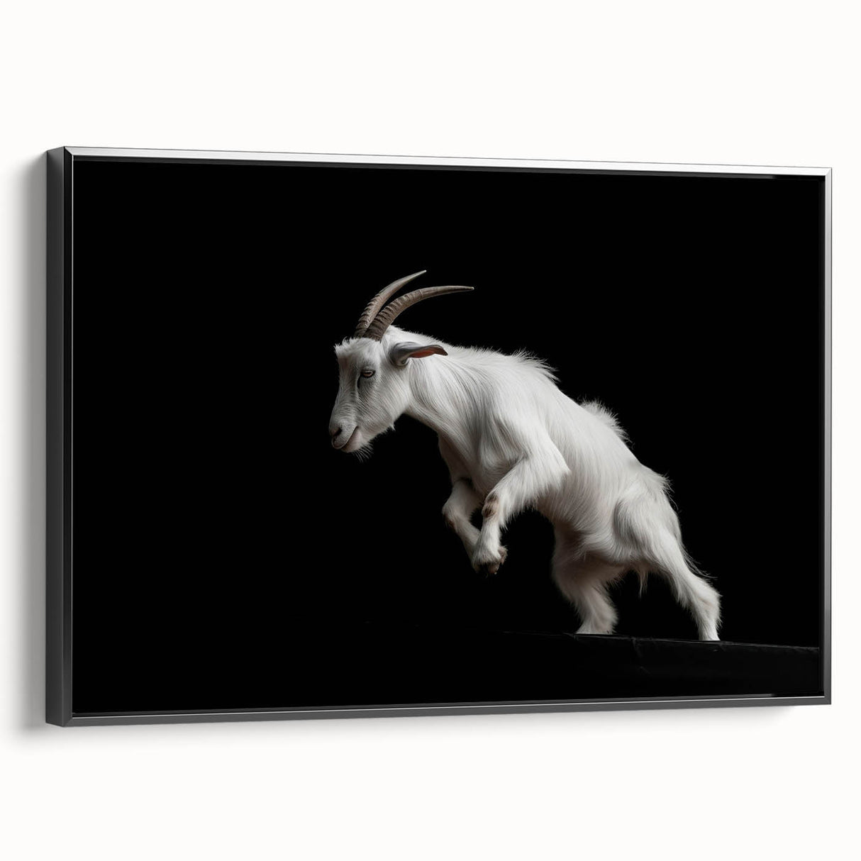 Framed wall art canvas featuring a detailed goat design in a wild life theme, set against a black background, perfect for animal lovers and modern decor enthusiasts.