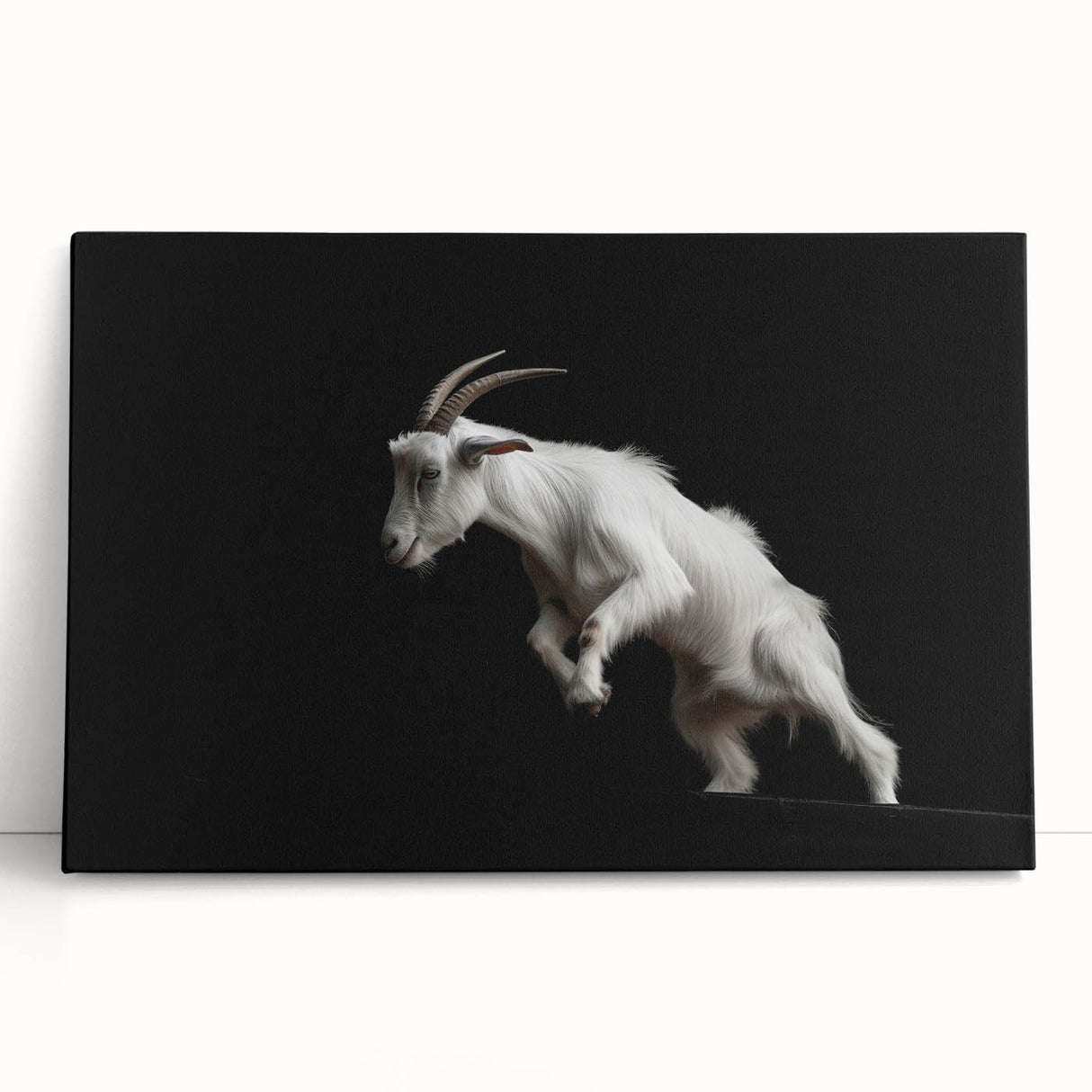 Stretched canvas wall art featuring a vibrant goat design, showcasing intricate details in earthy tones, perfect for animal lovers and home decor enthusiasts.