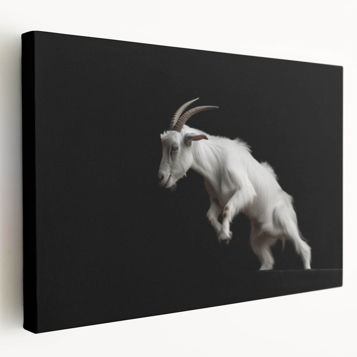 Side view of a stretched canvas wall art piece featuring a whimsical goat design within a vibrant wildlife theme, showcasing intricate details and vivid colors, perfect for animal lovers and home decor enthusiasts.