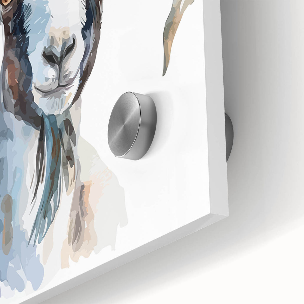 Close-up of a striking acrylic glass wall art piece featuring a wild goat design, showcasing vibrant colors and intricate details, perfect for animal lovers and home decor enthusiasts.
