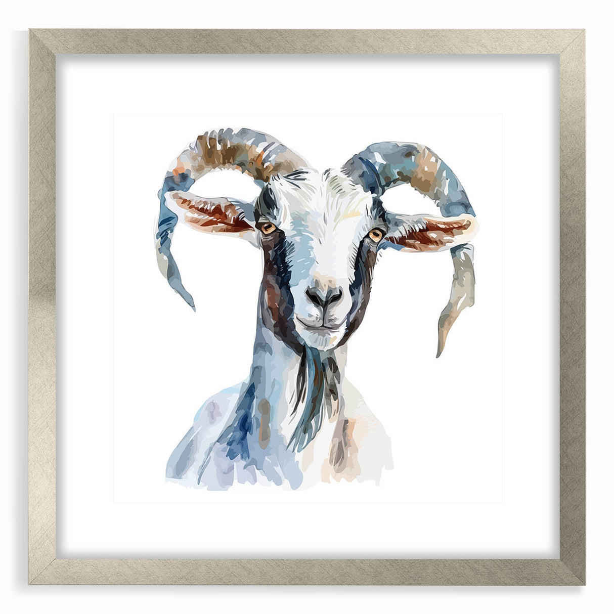 Framed wall art display featuring a silver mat and a striking goat design from the "A Wild Life" collection, perfect for enhancing living spaces with wildlife decor.