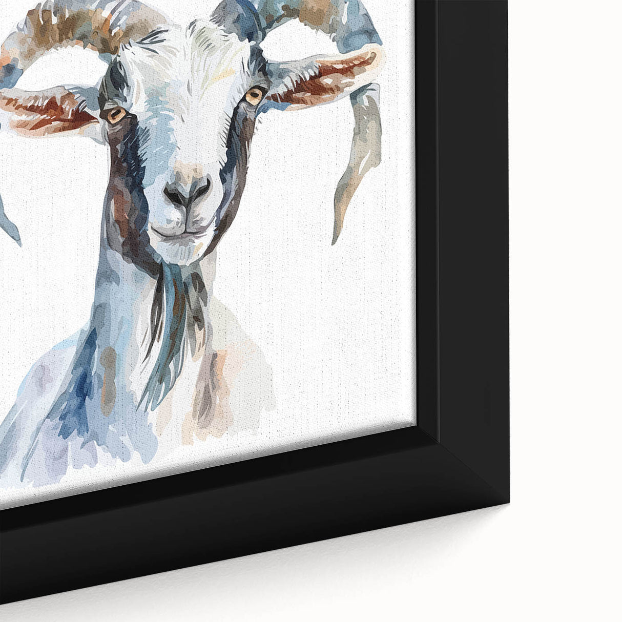Close-up of a framed canvas wall art featuring a detailed goat design, showcasing intricate textures and vibrant colors, perfect for home decor or animal lovers.