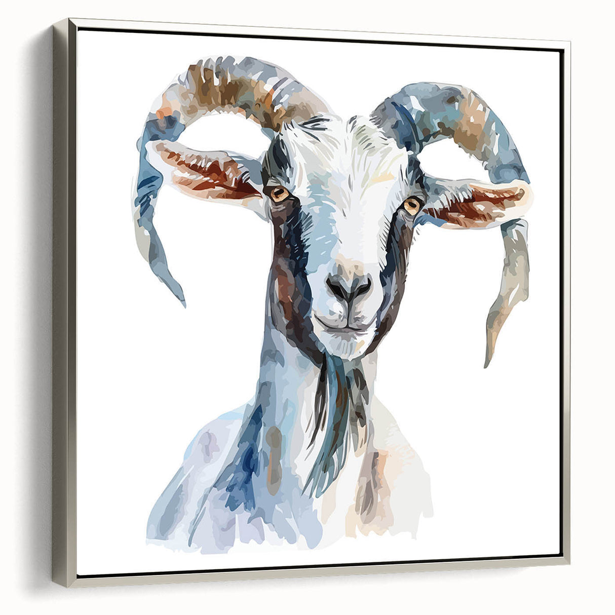 Framed canvas wall art featuring a striking goat design in a silver frame, showcasing vibrant colors and intricate details, perfect for wildlife enthusiasts.
