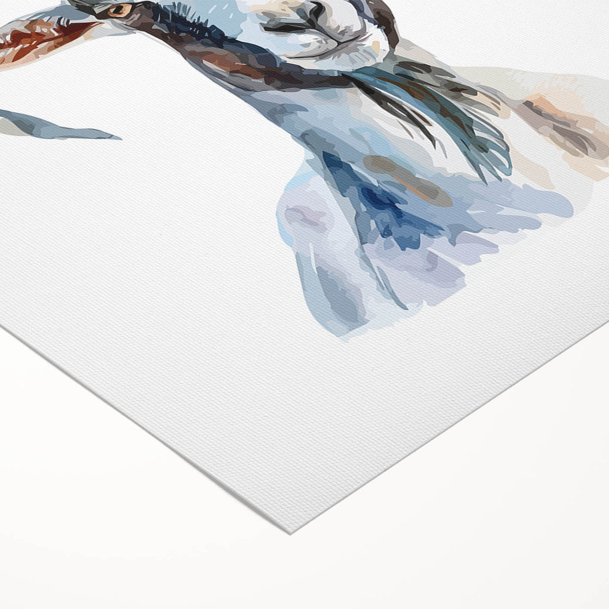 Rolled canvas art showcasing a vibrant goat design inspired by wildlife, featuring colorful details and textures, ideal for nature enthusiasts' decor.